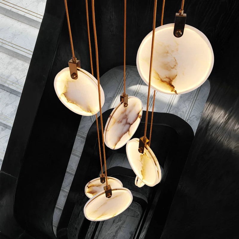 Modern Long Pendant Lights Luxury Staircase Marble Crystal Hanging Lamp Living Room Decoration Stone Led Villa Lighting Fixture