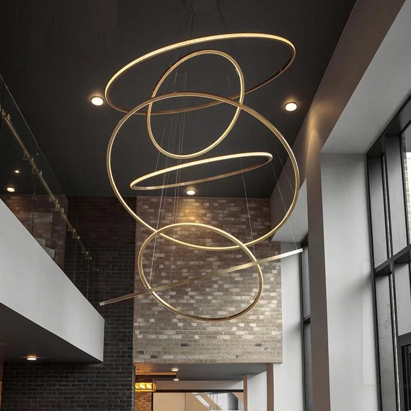 Golden Luxury Dining Room Lamp Duplex Villa Staircase Large Chandelier Circular Ring-Shaped High Living Room Lamps