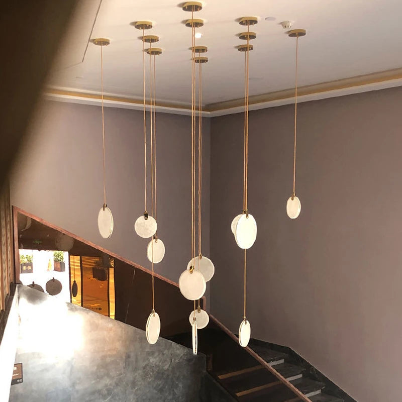 Modern Long Pendant Lights Luxury Staircase Marble Crystal Hanging Lamp Living Room Decoration Stone Led Villa Lighting Fixture