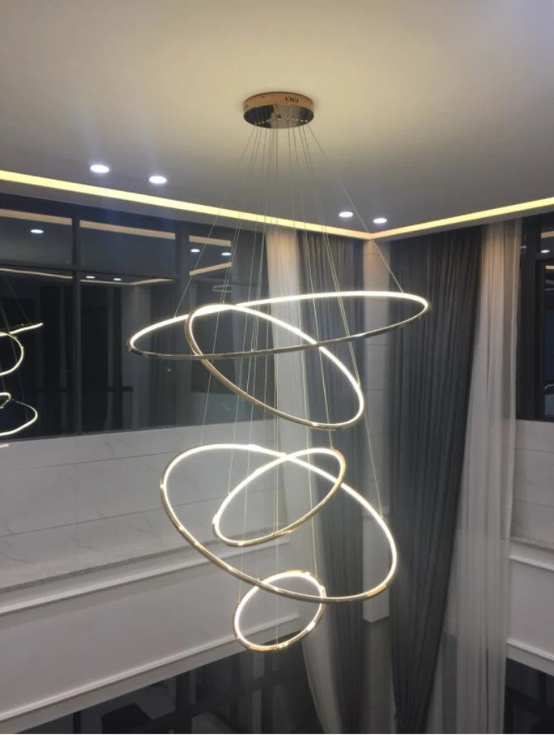Golden Luxury Dining Room Lamp Duplex Villa Staircase Large Chandelier Circular Ring-Shaped High Living Room Lamps