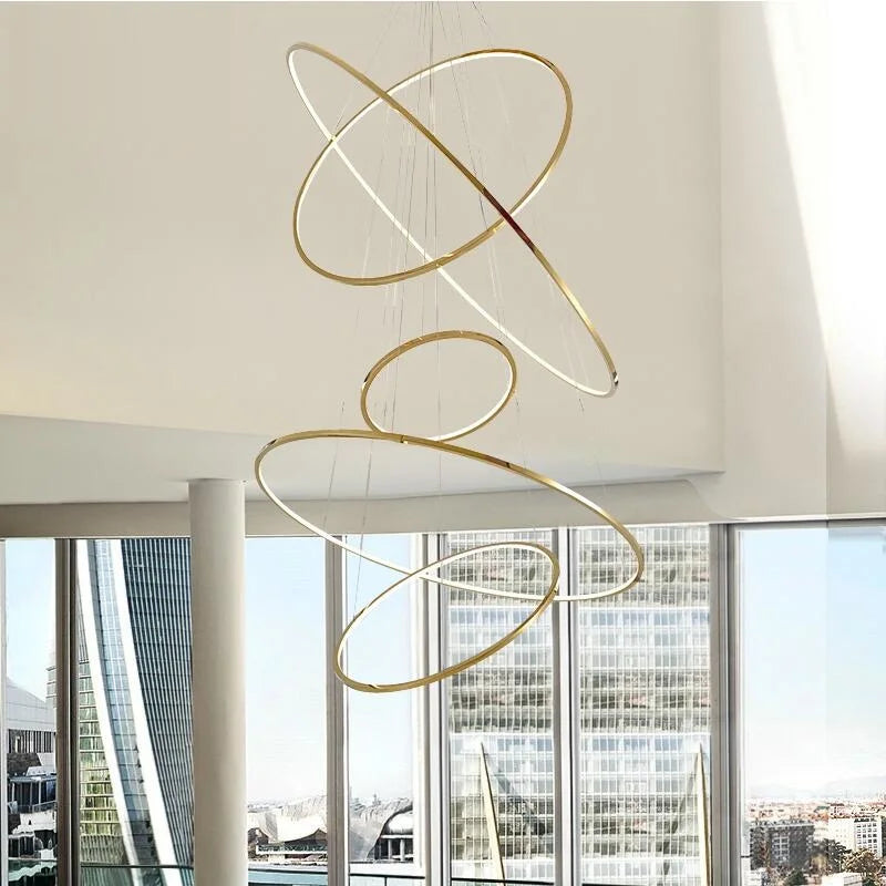 Golden Luxury Dining Room Lamp Duplex Villa Staircase Large Chandelier Circular Ring-Shaped High Living Room Lamps