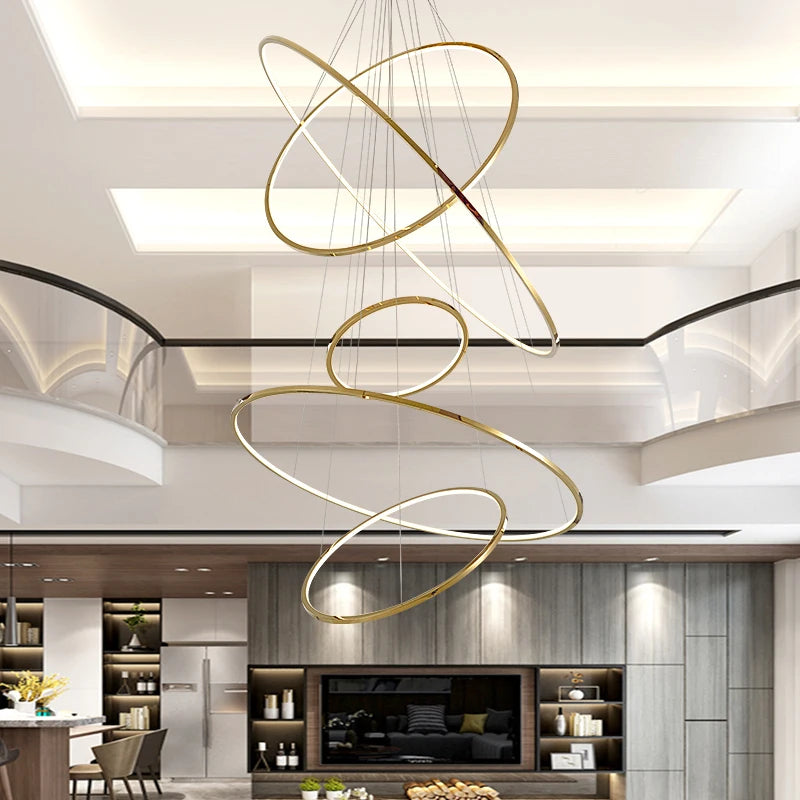 Golden Luxury Dining Room Lamp Duplex Villa Staircase Large Chandelier Circular Ring-Shaped High Living Room Lamps