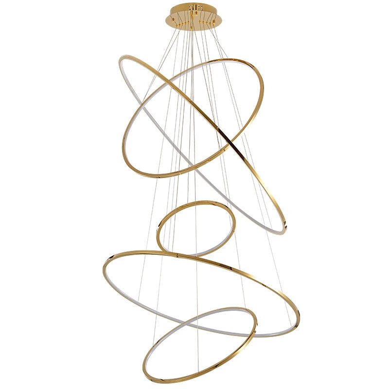 Golden Luxury Dining Room Lamp Duplex Villa Staircase Large Chandelier Circular Ring-Shaped High Living Room Lamps