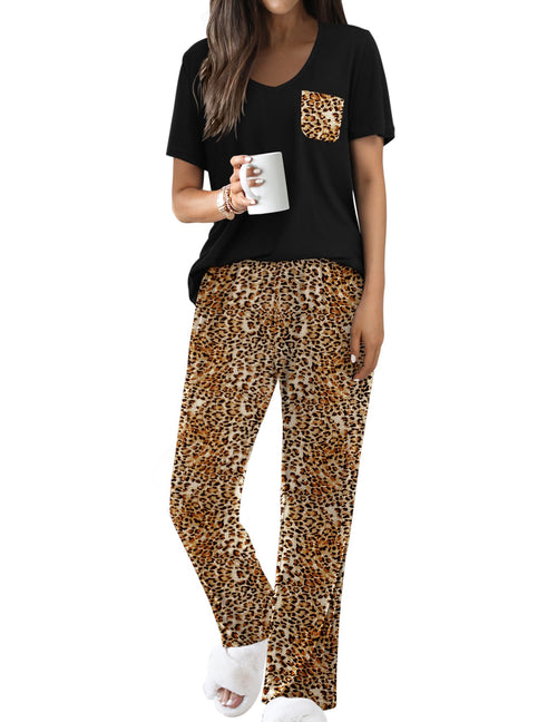 Ekouaer Pajama Sets for Women 2 Piece Short Sleeve Pj Sets With Long Printed Pants Sleepwear Casual Lounge Sets Leopard Brown XXL