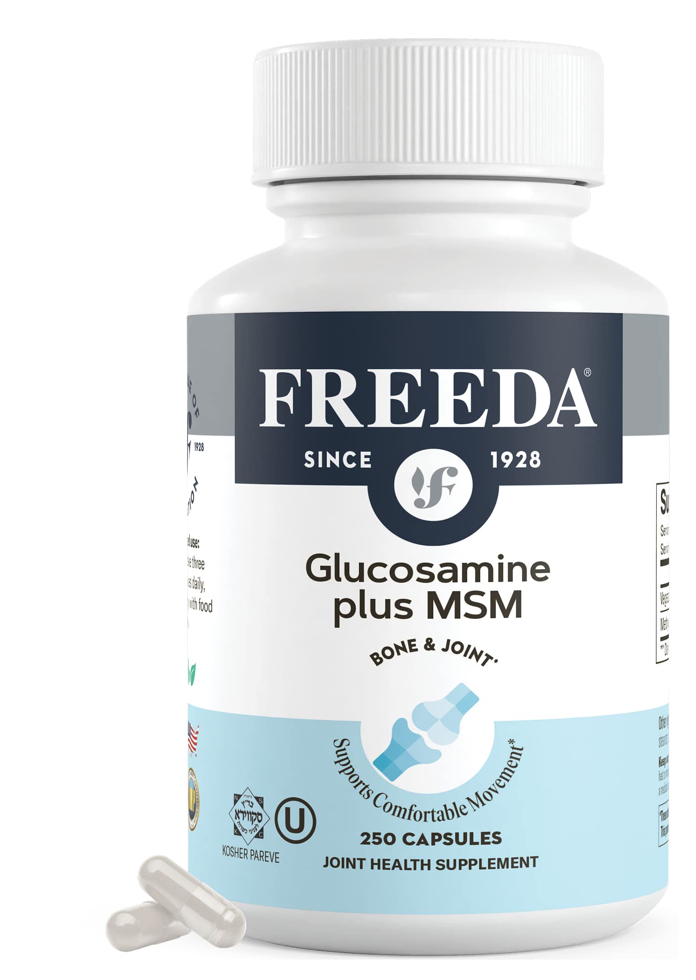 FREEDA Glucosamine MSM - Vegan Glucosamine with MSM Supplement - Bone & Joint Health Supplement - Vegetarian Glucosamine Without Shellfish - Bone & Joint Knee Supplement for Mobility (250 Capsules)