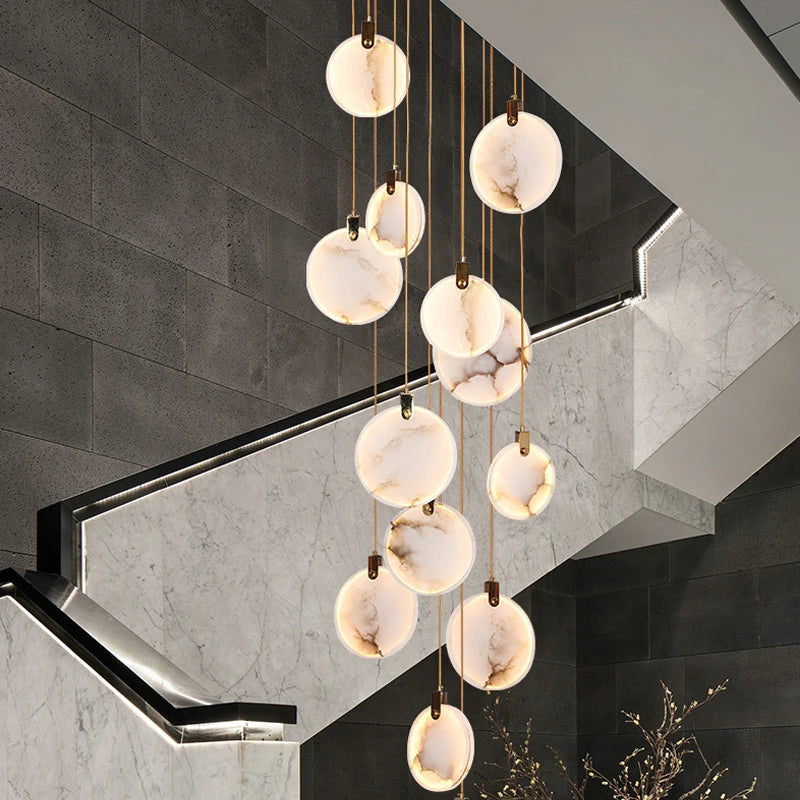 Modern Long Pendant Lights Luxury Staircase Marble Crystal Hanging Lamp Living Room Decoration Stone Led Villa Lighting Fixture