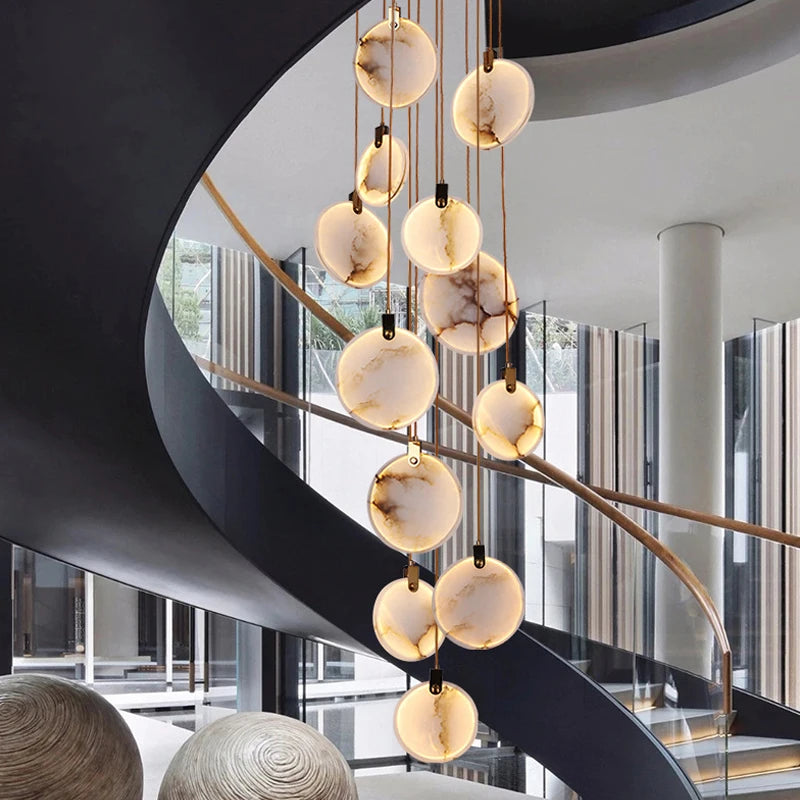 Modern Long Pendant Lights Luxury Staircase Marble Crystal Hanging Lamp Living Room Decoration Stone Led Villa Lighting Fixture